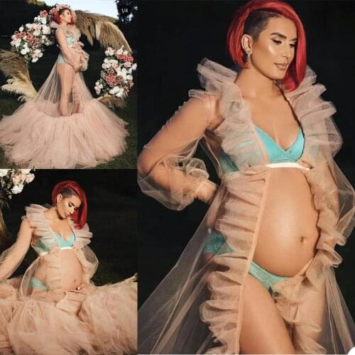 See Through Fluffy Tulle Robes Sheer Long Sleeves Women Maternity Dressing Gowns Ruffles Party Celebrity Dress