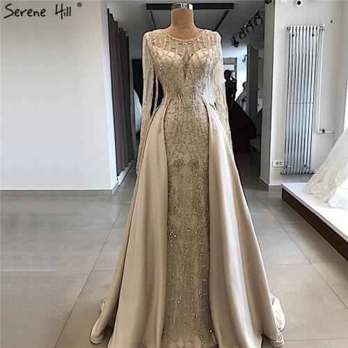 Grey Long Sleeve Sexy Luxury Evening Dress 2021 Mermaid Sequined Beading O-Neck Evening Dress Real Photo LA70174