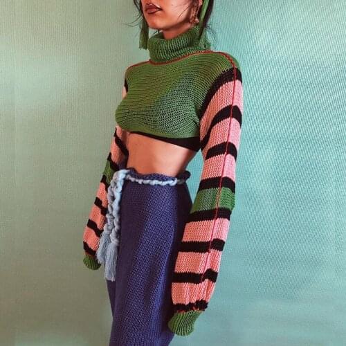 Retro Y2K High Collar Contrast Knitted Sweater Pullover 2021 Autumn Winter New Womens Fashion Long Sleeve Slim Crop Top Jumpers