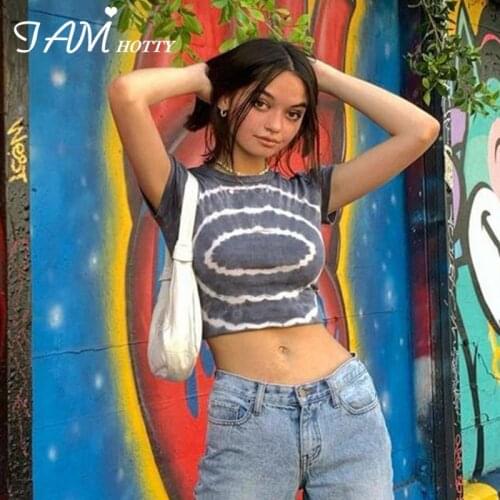 Harajuku Aesthetic Graphics Tie Dye Print Short Sleeve Crop Top Tee Women y2k Casual Corset Summer Tshirts Crewneck 90s Iamhotty