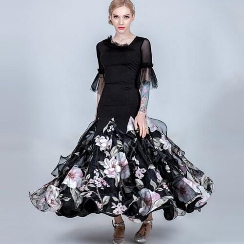 Professional Ballroom Dance Competition Dress Women Plus Size Waltz Tango Dancing Wear Long Sleeves Big Swing Skirt Stage Wear