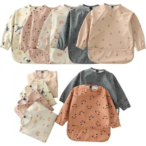 2Pcs Baby Bibs Waterproof Feeding Infant Eating Bib With Pocket Art Smock Washable Long Sleeve Apron Kid Burp Cloth Baby Stuff