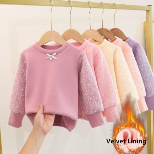 Velvet Lining Warm Cotton Girls T-Shirt Lace Long-sleeve Baby Kids Bottoming Shirt for Children Clothes New Spring Bow Girl Top