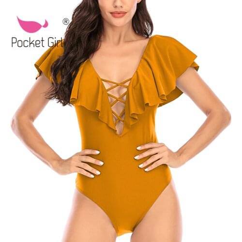 Pocket Girl 2021 Ruffle One Piece Swimsuit Women Swimwear Female Lace Up Monokini Vintage Bathing Suit Deep V Bathing Suit