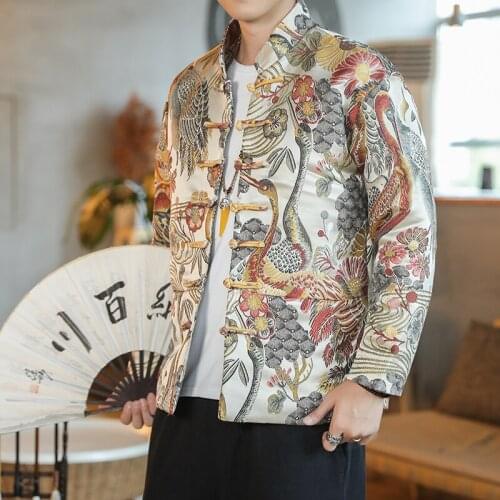 Men Chinese Style Printed Short Coat Jacket Tang Suit Youth Fashion Outwear X3