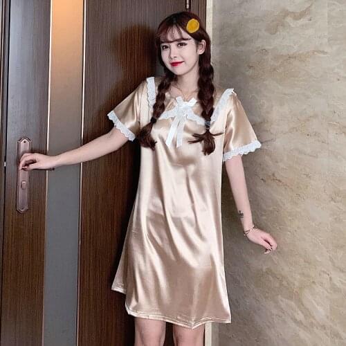 Nightgown Lady Sweet Lace Sleepwear Can Be Worn Outside Short Sleeve Princess Nightdress Womens Spring Summer Home Dress Skirt