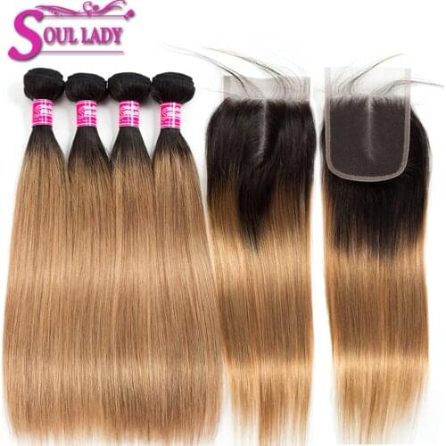 Soul Lady Hair Honey Blonde Ombre Human Hair Bundles With Closure Peruvian Straight 1B/27 Two Tone 4 Ombre Bundles With Closure