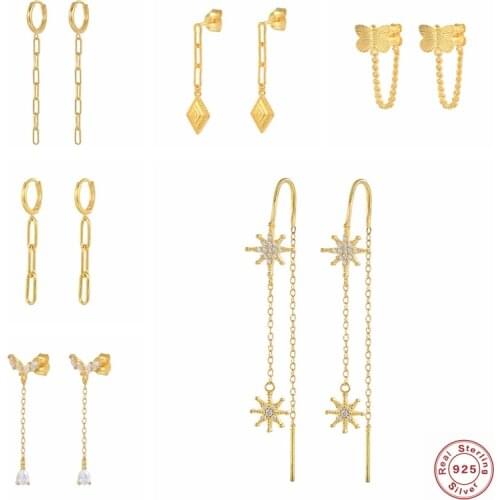 S925 Sterling Silver Long Tassel Gold Color Dangle Earrings for Women Wedding Drop Earing pendientes colgantes Fine Jewelry Gift