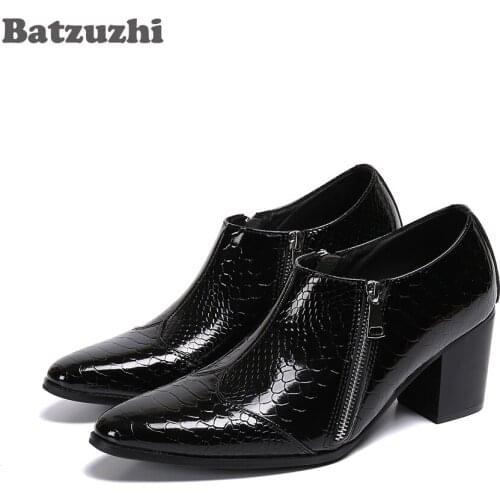Batzuzhi 6.8cm High Heel Mens Leather Shoes Pointed Toe Zip Black Leather Dress Shoes Men Designers Zapatos Hombre Party,38-46