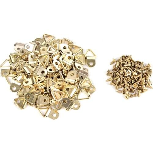 100 set Picture Hanger Photo Frame Hanging Triangle D Rings Golden Picture Frames Single Hole Hanger Hooks with Screws