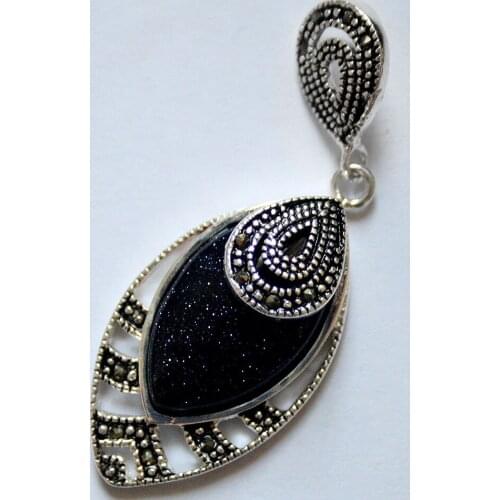 Vintage natural 30*20mm blue sandjade drop 925 silver marcasite fashion pendant