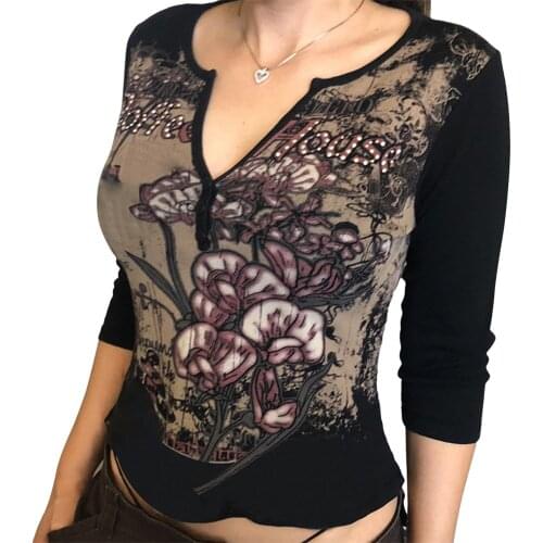 Women Long Sleeve Blouse Top Vintage V Neck Floral Print Shirt Streewear Autumn Blouse V-neck Exposed Navel Tops