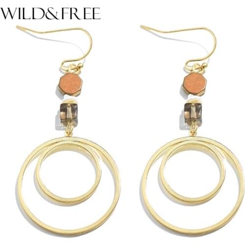 New Gold Color Double Round Circle Pendant Earrings With Natural Stone Pendientes Fashion Jewelry For Women Drop Earrings 2017