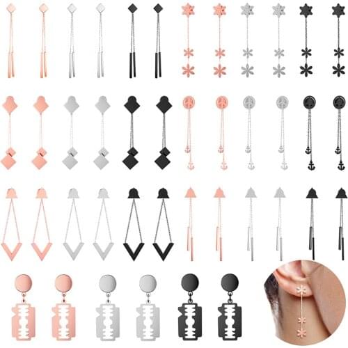 316L Steel Dangled Ear Studs Rings Fake Cheater Ear Plugs Tunnels Cross Peace Chain Earring Faux Gauge Men Women Piercing Oreja