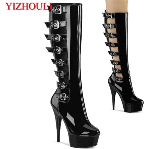 6 "high heel female boots, 15cm high heel with buckle model round head middle boot, sexy model stage walk boots