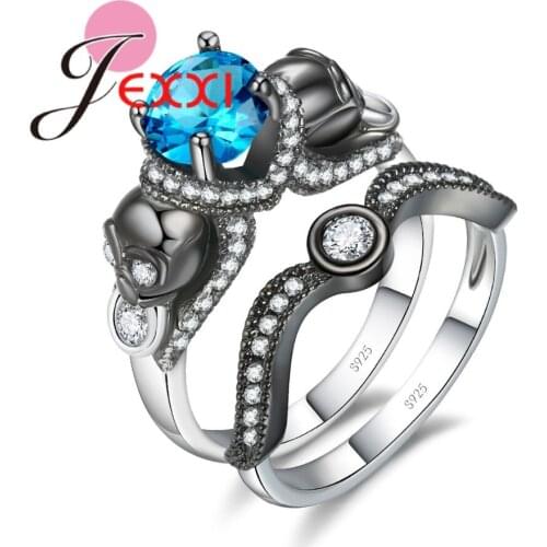 Punk Style Blue CZ Crystal with Double Skull Ring Set 925 Sterling Silver for Women Girls Party Jewelry Gigt