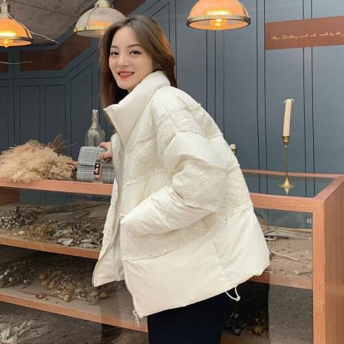 Winter Korean style short down jacket womens stand-up collar sequin stitching thick warm white duck down fashion jacket