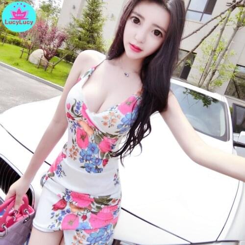 2021 Summer Night Womens Low Cut Sexy Cross Flowers Irregular Sling Bag Hip Dress Knee-Length Sheath V-Neck