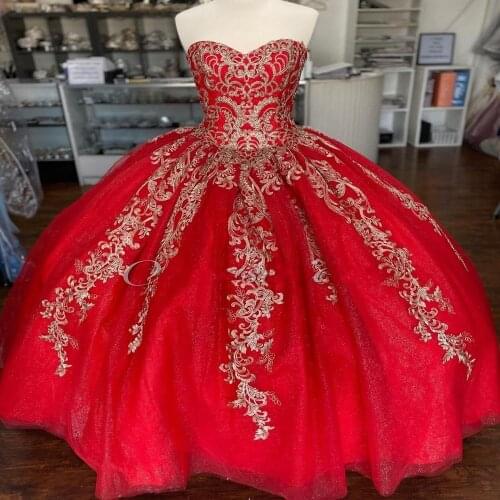 Gold/Red vestidos de 15 años 2020 Ballgown Puffy Lace Sequin Quinceanera Dress Sweetheart Sweet 15 Dress Long Prom Gowns Lace Up