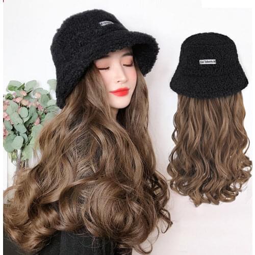 2021 Womens Long Hair Hat Wig One Summer Fashion Natural Long Curly Hair Big Wave Realistic Woman Caps- Baseball Cap