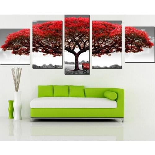 5 Panel Modern Printed Red Tree Big Like Safe Guardian Art Painting Printed Home Decoration For Living Room Pictures Artworks