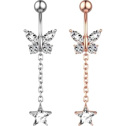 7 Styles Sexy Dangling Navel Belly Button Ring Butterfly Star Round Cubic Zirconia Stainless Steel Belly Piercing Jewelry Gifts