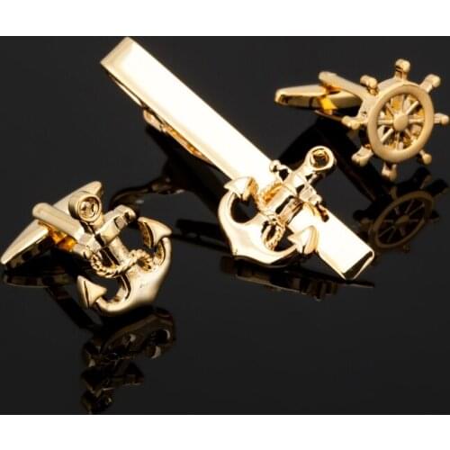 Free shipping Cufflinks Tie Clips Set Golden anchor rudder designs copper material men tie clips cufflinks wholesale&retail