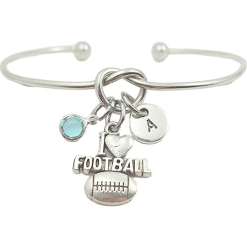 I Love Football Retro Creative Initial Letter Monogram Birthstone Adjustable Bracelet Fashion Jewelry Women Gift Pendant
