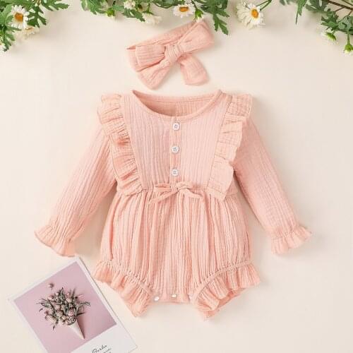 Infant Baby Girl Ruffle Romper Newborn Baby Girl Solid Causal Long Sleeve Jumpsuit With Button Spring Autumn Baby Girl Clothing