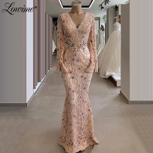 Beading Pink Long Sleeves Evening Gown Formal Dress 2020 Dubai Turkish Kaftans Mermaid Middle East Muslim Party Dress Prom Dress