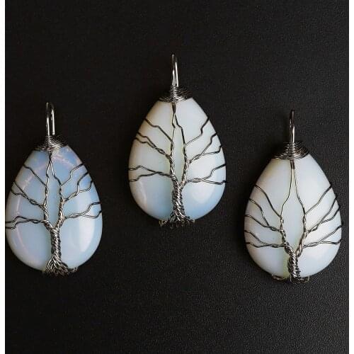 Teardrop Opalite Crystal Wire Wrap Handmade Tree of Life Drop Shape Natural Pendants