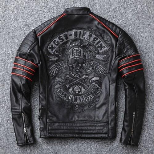 Men Jacket Black Embroidery Skull Motorcycle Leather Jackets 100% Natural Cowhide Moto Coat Slim Fit Biker Leather Winter Coats