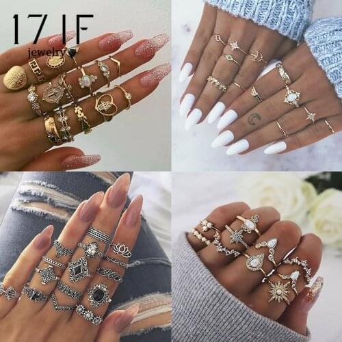 DAXI 10 Pcs/Set Bohemia Opal Women Rings Set For Women 2019 Gold Sun Heart Crystal Charm Ring Sets Finger Vintage Jewelry Gifts