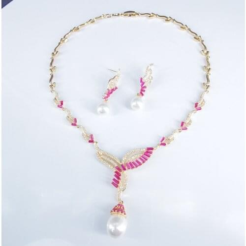 2020 new fashion red CZ zircon shell pearl golden necklace earrings,wedding bride dinner party dress jewelry free shipping