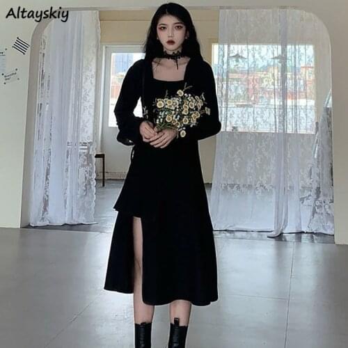 Dress Womens Solid Black Long Sleeve Square Collar Sexy Slit Side Lacing Elegant High Waist Leisure Daily Fashionable Newest Hot