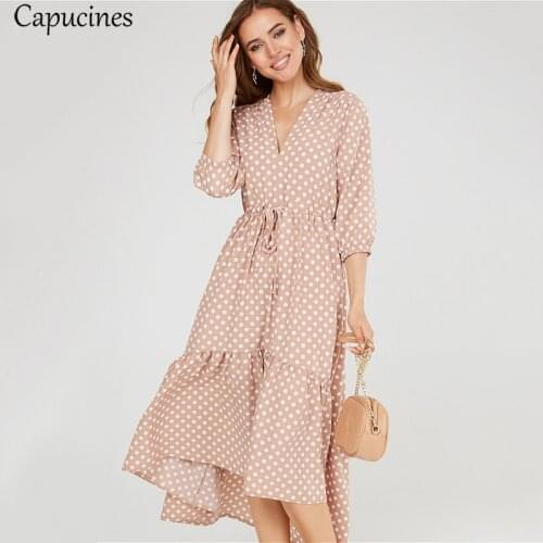 Boho Style Asymmetrical Hem Long Dress Autumn Half Sleeve V-Neck Sashes Women Dress Fashion Polka Dot Print Dresses