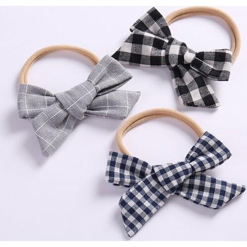 1pcs/lot Popular Plaid Fabric Bow Nylon Headband,Very good Stretch,Super soft Nylon headbands,Girls Hair Accessories