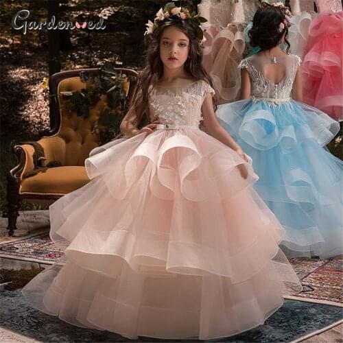 Puffy Tulle Layers Flower Girl Dresses Lace Appliques Girl Pageant Dress Bow Knot Girl Wedding Dress Communion Dress Prom Dress