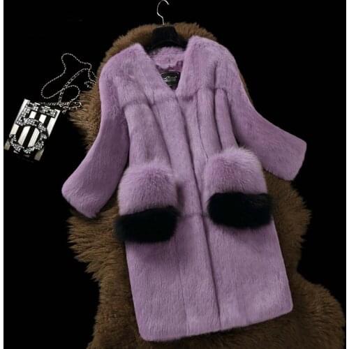 Luxury Lady Real Rabbit Fur Coat Jacket Fox Fur Pocket Autumn Winter Women Fur Trench Outerwear Coats Clothing VF1084