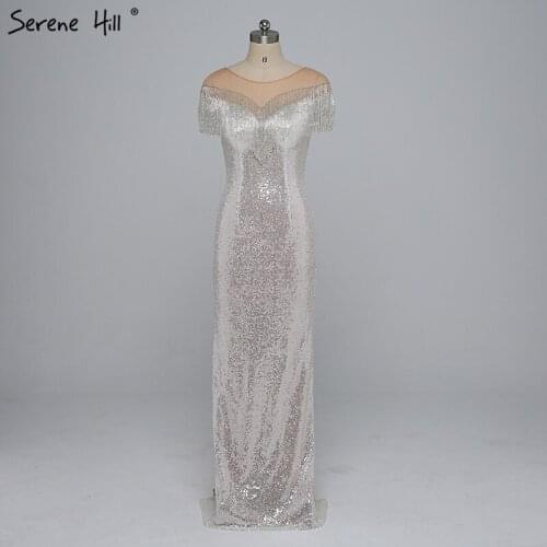 Luxury Silver Tassels Sequins Mermaid Evening Dresses 2020 New Sexy Sheer Back Split Robe De Soiree Party Gowns BLA6378