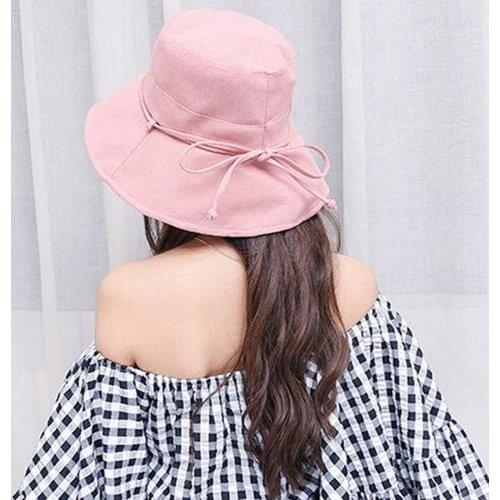 New Spring Summer Large Brim Fisherman Hat Women Cotton Linen Round Dome Bandage Bow Big Foldable Sun Hats Fishermen Hat