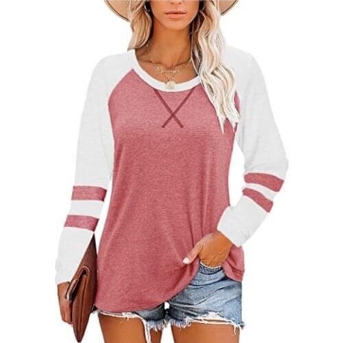 Women T-Shirts Casual Loose O-Neck Long Sleeve Jumpers Tops Female Fashion Stripe Color Matching Cotton Pullover