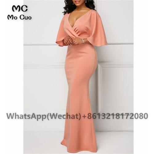 2021 Nude Pink Mermaid Evening Prom Dresses V Neck Half Sleeves Elastic Satin Womens Evening Prom Dress Customized