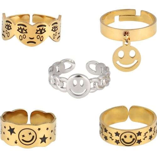 Punk Stainless Steel Ring Women Smiling Face Open Ring For Women Steel Ring Geometric Rings Adjustable Ring Jewelry Gifts