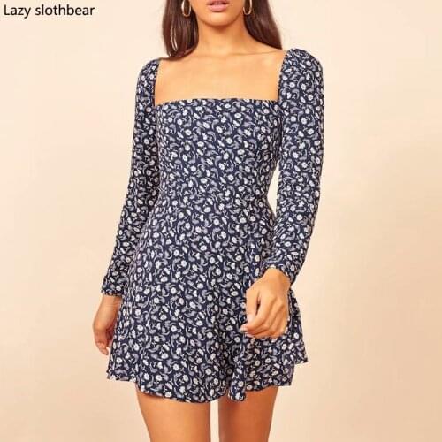 New spring and summer ladies floral print dress retro celebrity mini dress long sleeve square collar short dress