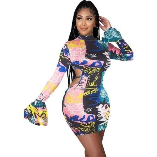 New Autumn Print Mini Women Dress Sexy O Neck Flare Sleeve Backless Lace Up Bandage Bodycon Club wear Party Dresses Clothing