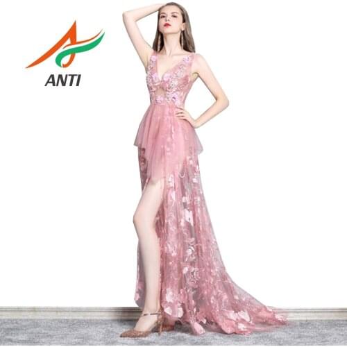 ANTI Sexy Tulle Long Prom Dresses 2019 New Arrival Backless Sweep Train Beaded A Line Special Occasion Evening Gowns Custom Made