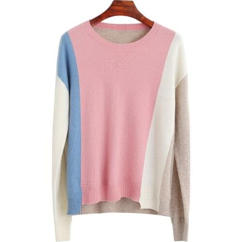 100% Pure Wool Sweater Women O-Neck Cashmere Pullover Color Matching Knit Bottoming Warm Loose Shirt Plus Size