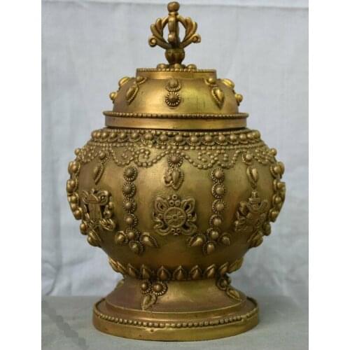 9" Tibet Tibetan Buddhism Brass Lucky 8 Auspicious Symbol Pot Jar Crock