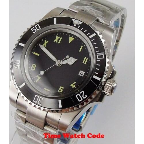 Bliger 40mm Automatic Mens Wristwatch black sterile Dial Miyota Movement Date Indicator Arched glass Roman Numerals Bracelet